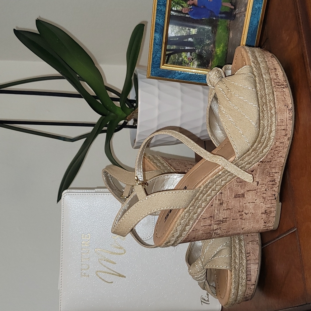 Soda 4" Espadrille Wrapped Cork Wedge Open-Toe Bo… - image 1